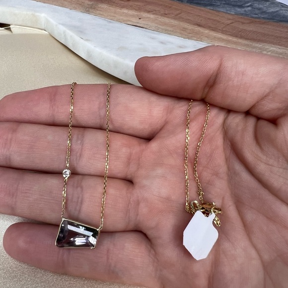 Amazing Purple Green Tourmaline With A Diamond In Solid 14k Yellow Gold 18" - Picture 3 of 9